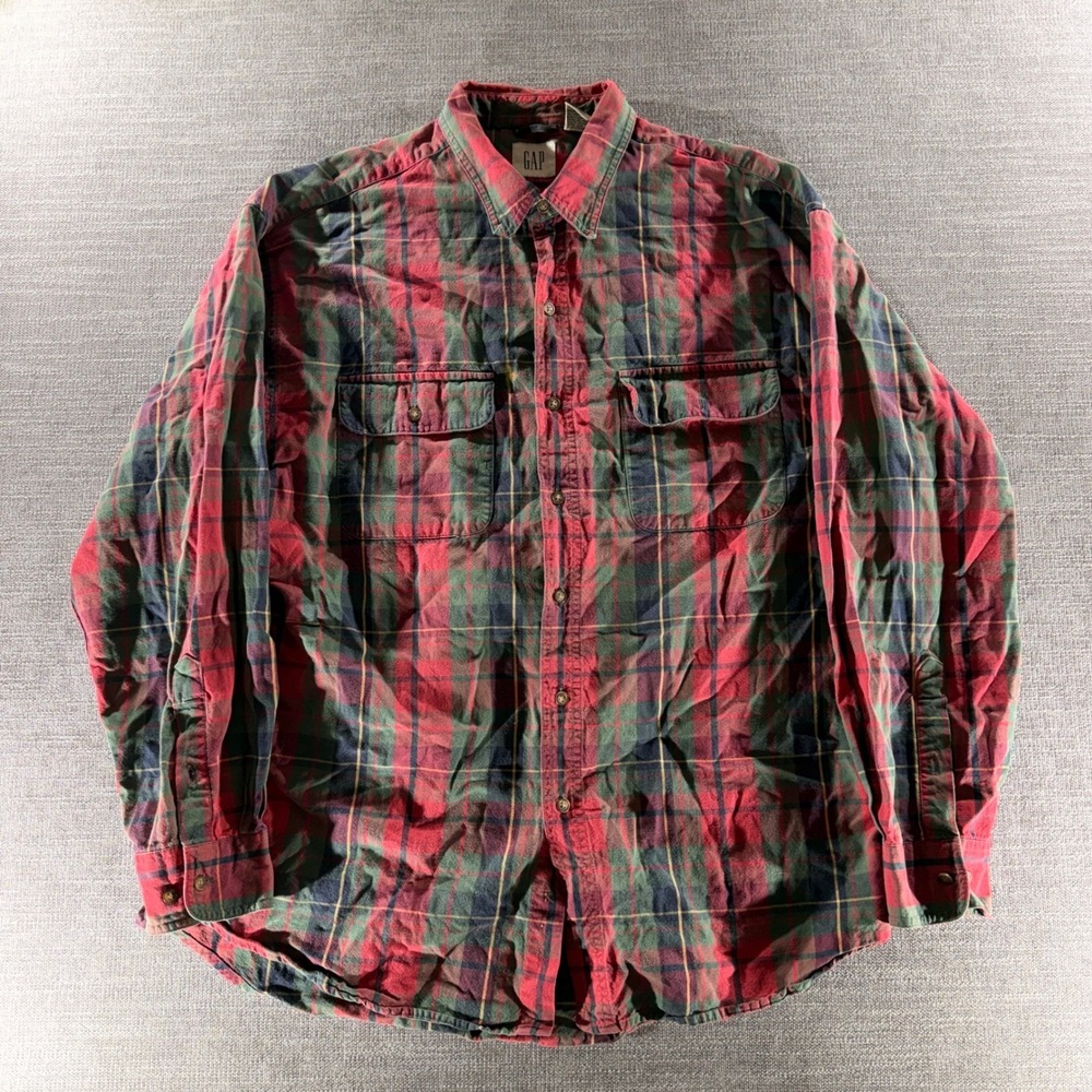 Gap Button Down Shirt Mens L Red Green Plaid‎ Good Cotton Flannel 114910-02-1